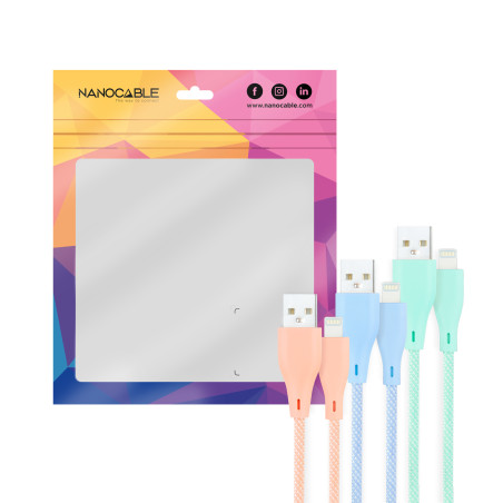 Nanocable 10.10.0401-CO1 3 Cables Lightning a USB 2.0, Lightning/M-USB A/M, Mallados, Rosa, Azul y Verde, 1 m, 1 m, Lightning,