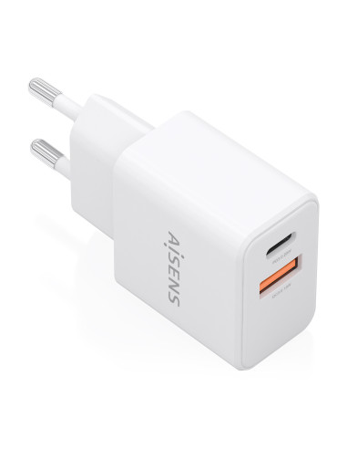 AISENS Cargador GaN 20W, 1xUSB-C PD3.0, 1xUSB-A QC3.0, Blanco