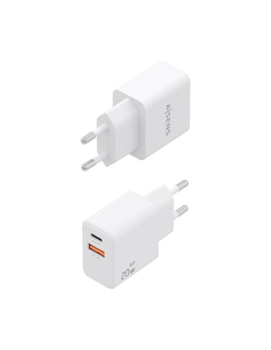 AISENS Cargador GaN 20W, 1xUSB-C PD3.0, 1xUSB-A QC3.0, Blanco