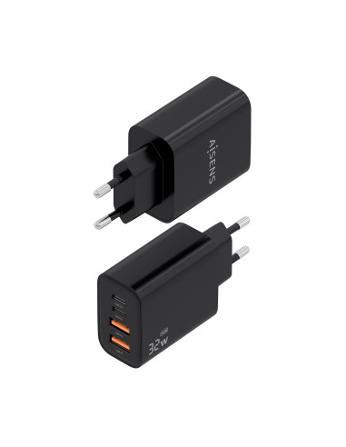 AISENS Cargador GaN 32W, 2xUSB-C PD3.0, 2xUSB-A, Negro