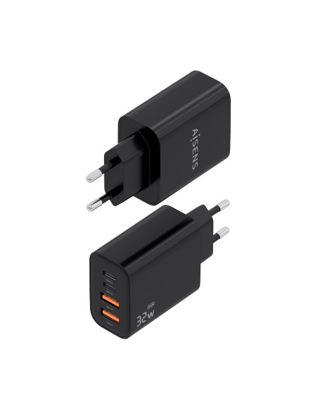 AISENS Cargador GaN 32W, 2xUSB-C PD3.0, 2xUSB-A, Negro