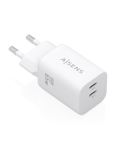 AISENS Cargador GaN 65W, 2xUSB-C PD3.0 QC4.0, Blanco