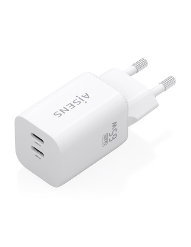 AISENS Cargador GaN 65W, 2xUSB-C PD3.0 QC4.0, Blanco