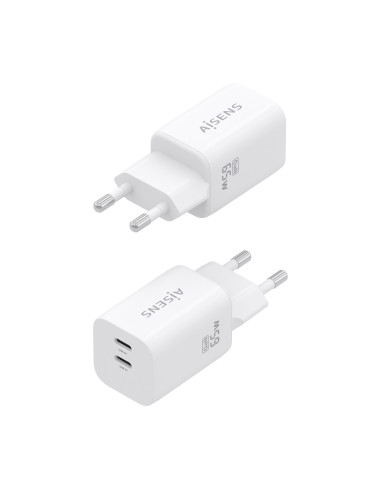 AISENS Cargador GaN 65W, 2xUSB-C PD3.0 QC4.0, Blanco