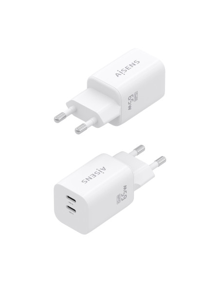 AISENS Cargador GaN 65W, 2xUSB-C PD3.0 QC4.0, Blanco