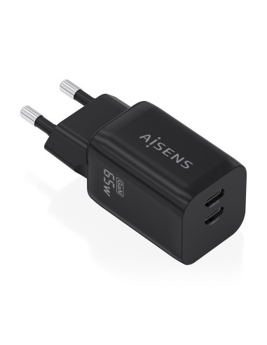 AISENS Cargador GaN 65W, 2xUSB-C PD3.0 QC4.0, Negro