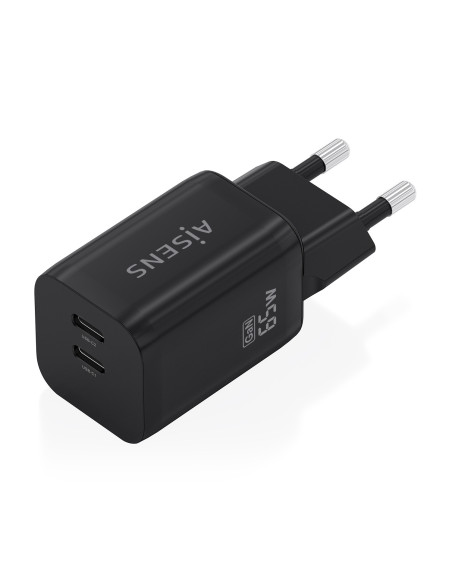 AISENS Cargador GaN 65W, 2xUSB-C PD3.0 QC4.0, Negro
