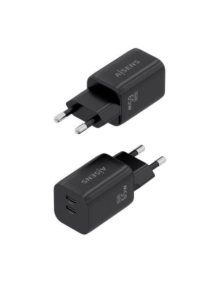 AISENS Cargador GaN 65W, 2xUSB-C PD3.0 QC4.0, Negro