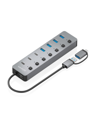 AISENS Hub USB3.1 Gen1 USB-C USB-A, USB-C M+USB-A M-4xUSB-A H+3xUSB-C H+1xUSB-C H ALIM., Gris, 30cm