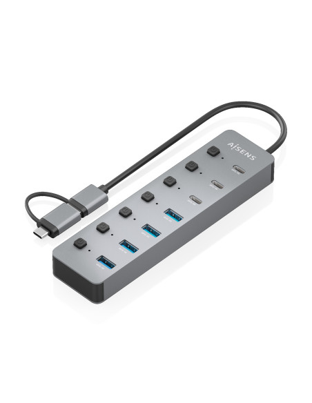 AISENS Hub USB3.1 Gen1 USB-C USB-A, USB-C M+USB-A M-4xUSB-A H+3xUSB-C H+1xUSB-C H ALIM., Gris, 30cm