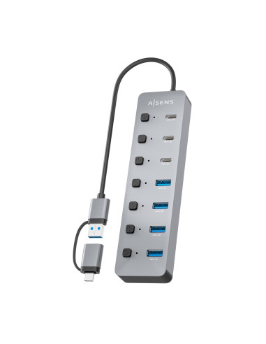AISENS Hub USB3.1 Gen1 USB-C USB-A, USB-C M+USB-A M-4xUSB-A H+3xUSB-C H+1xUSB-C H ALIM., Gris, 30cm