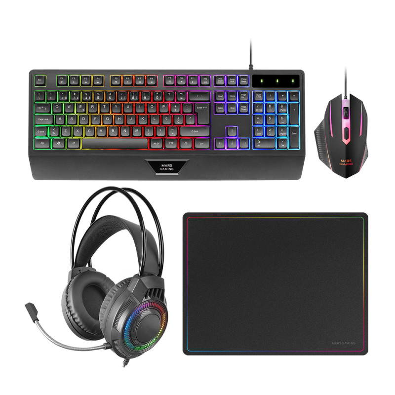 Mars Gaming MCP124PROPT MCP124PRO, Combo Gaming 4en1, Teclado RGB H-Mech con Reposamuñecas, Ratón RGB 3200DPI y Switches