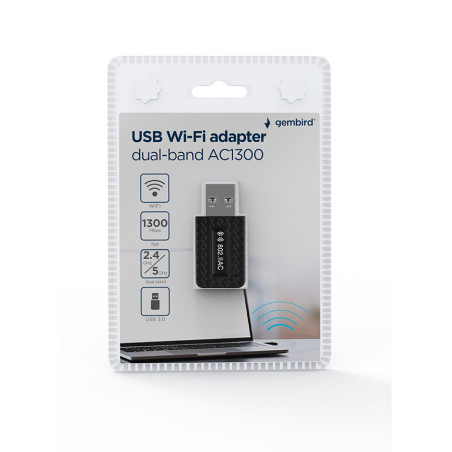 Gembird WNP-UA1300-03 AC1300, Inalámbrico, USB, WLAN, Wi-Fi 5 (802.11ac), 867 Mbit/s, Negro
