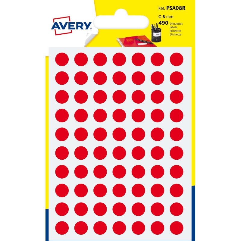 Avery PSA08R PSA08R, Rojo, Círculo, Permanente, Universal, Papel, 70 pieza(s)