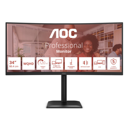 AOC CU34E4CV E4 CU34E4CV, 86,4 cm (34"), 3440 x 1440 Pixeles, UltraWide Quad HD, LCD, 4 ms, Negro