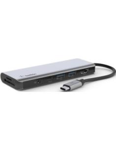 docking station desde usb-c macho a usb-c hembra, 2xusb a, jack 3.5, lector sd, lector micro sd, hdmi 4k y carga 100w color gris