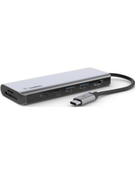 docking station desde usb-c macho a usb-c hembra, 2xusb a, jack 3.5, lector sd, lector micro sd, hdmi 4k y carga 100w color gris