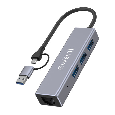 Ewent EW1159 EW1159, USB 3.2 Gen 1 (3.1 Gen 1) Type-A + Type-C, RJ-45, USB 3.2 Gen 1 (3.1 Gen 1) Type-A, 5000 Mbit/s, Gris,