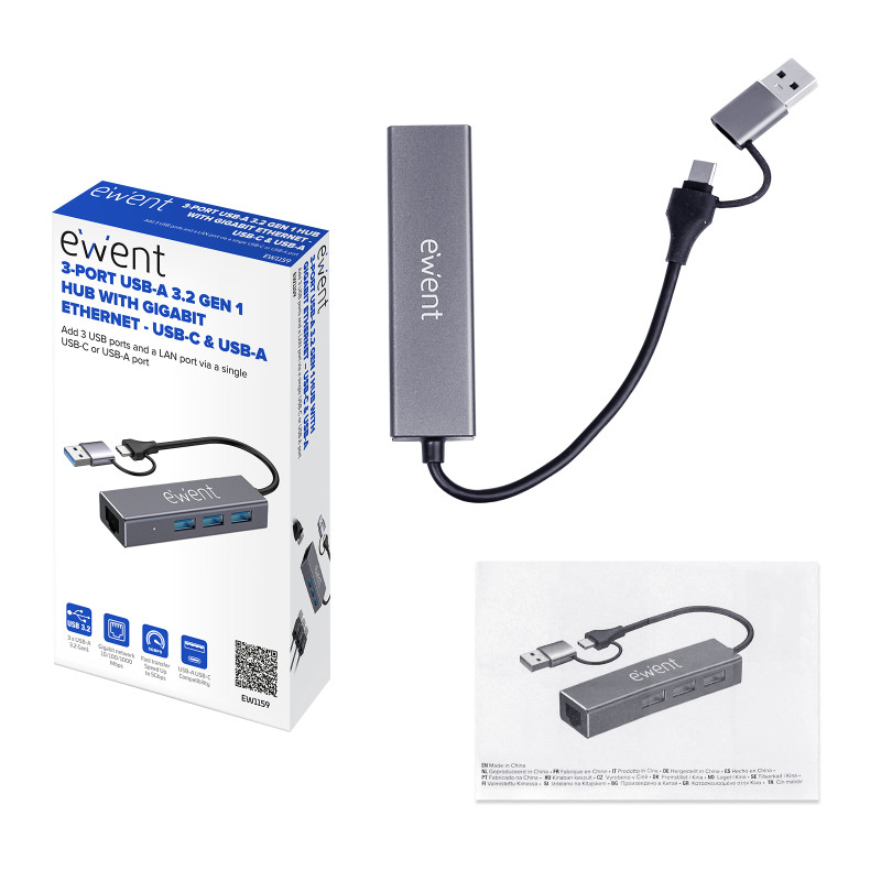 Ewent EW1159 EW1159, USB 3.2 Gen 1 (3.1 Gen 1) Type-A + Type-C, RJ-45, USB 3.2 Gen 1 (3.1 Gen 1) Type-A, 5000 Mbit/s, Gris,