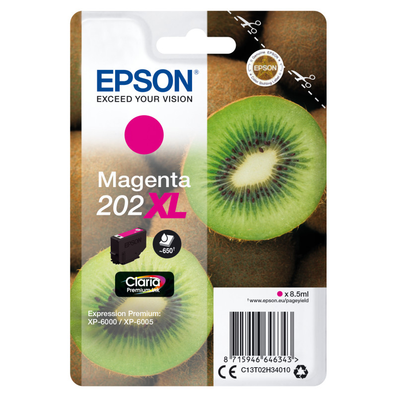 Epson C13T02H34010 Kiwi Singlepack Magenta 202XL Claria Premium Ink, Alto rendimiento (XL), Magenta, Tinta a base de pigmentos,