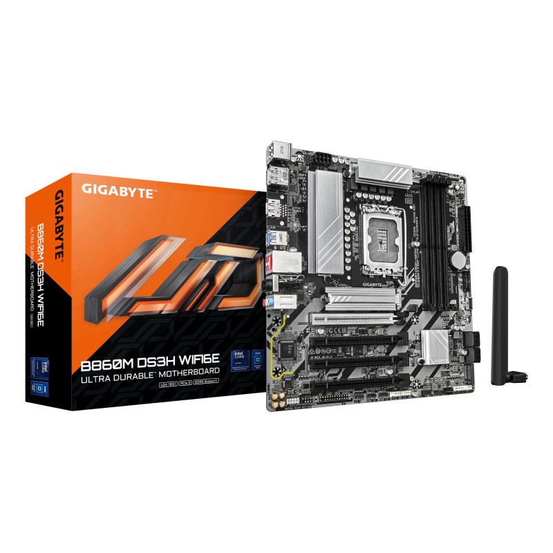 GIGABYTE B860M DS3H WIFI6E B860M DS3H WIFI6E Placa base - CPUs Intel Core Ultra, VRM de 5+1+2+1 fases, hasta 9066MHz DDR5,