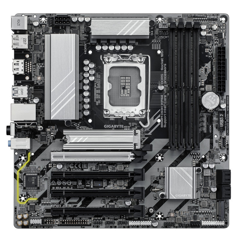GIGABYTE B860M DS3H WIFI6E B860M DS3H WIFI6E Placa base - CPUs Intel Core Ultra, VRM de 5+1+2+1 fases, hasta 9066MHz DDR5,