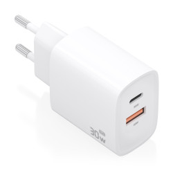 AISENS A110-0952 Cargador GaN 30W, 1xUSB-C PD3.0 QC4.0, 1xUSB-A QC3.0, Blanco, Interior, Corriente alterna, 12 V, 3 A, Blanco