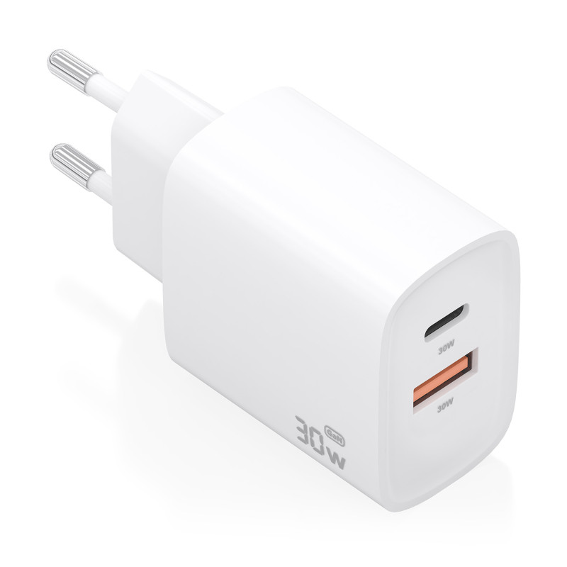 AISENS A110-0952 Cargador GaN 30W, 1xUSB-C PD3.0 QC4.0, 1xUSB-A QC3.0, Blanco, Interior, Corriente alterna, 12 V, 3 A, Blanco