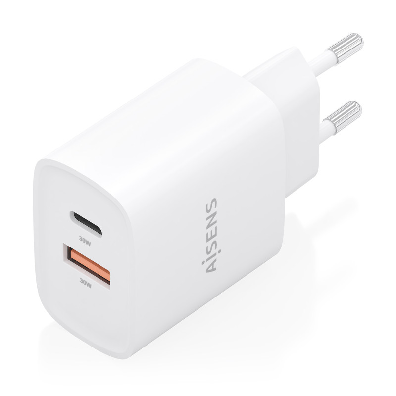 AISENS A110-0952 Cargador GaN 30W, 1xUSB-C PD3.0 QC4.0, 1xUSB-A QC3.0, Blanco, Interior, Corriente alterna, 12 V, 3 A, Blanco