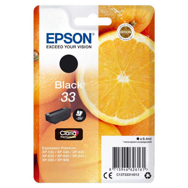 Epson C13T33314012 Oranges Singlepack Black 33 Claria Premium Ink, Rendimiento estándar, Negro, Tinta a base de pigmentos, 6,4