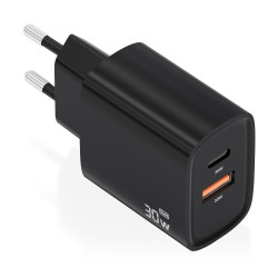 AISENS A110-0953 Cargador GaN 30W, 1xUSB-C PD3.0 QC4.0, 1xUSB-A QC3.0, Negro, Interior, Corriente alterna, 12 V, 3 A, Negro
