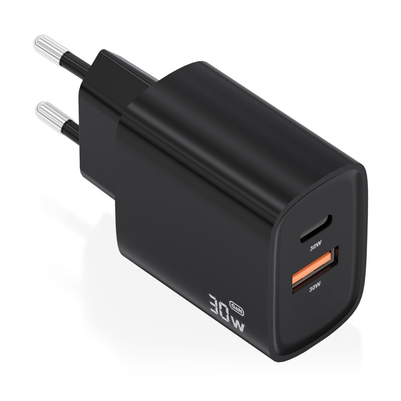 AISENS A110-0953 Cargador GaN 30W, 1xUSB-C PD3.0 QC4.0, 1xUSB-A QC3.0, Negro, Interior, Corriente alterna, 12 V, 3 A, Negro