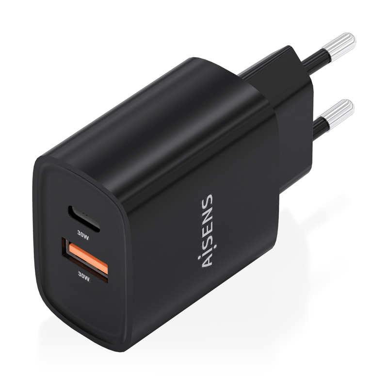 AISENS A110-0953 Cargador GaN 30W, 1xUSB-C PD3.0 QC4.0, 1xUSB-A QC3.0, Negro, Interior, Corriente alterna, 12 V, 3 A, Negro