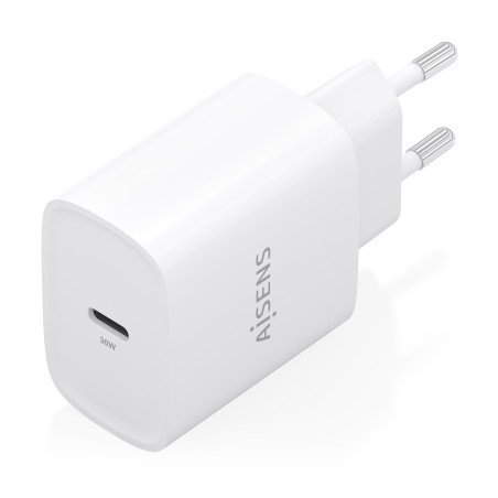 AISENS A110-0950 Cargador GaN 30W, 1xUSB-C PD3.0, Blanco, Interior, Corriente alterna, 12 V, 3 A, Blanco