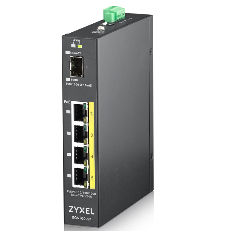 Zyxel RGS100-5P-ZZ0101F RGS100-5P, No administrado, L2, Gigabit Ethernet (10/100/1000), Energía sobre Ethernet (PoE), Montaje