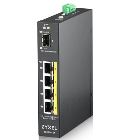 Zyxel RGS100-5P-ZZ0101F RGS100-5P, No administrado, L2, Gigabit Ethernet (10/100/1000), Energía sobre Ethernet (PoE), Montaje