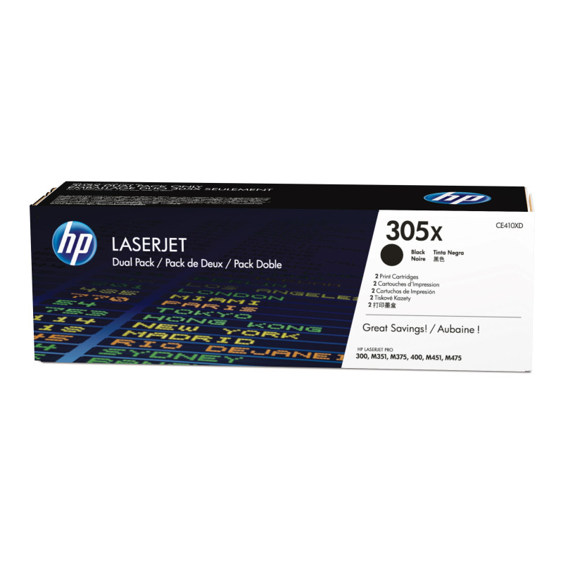HP CE410XD Pack de ahorro de 2 cartuchos de tóner original LaserJet 305X de alta capacidad negro, 8000 páginas, Negro, 2