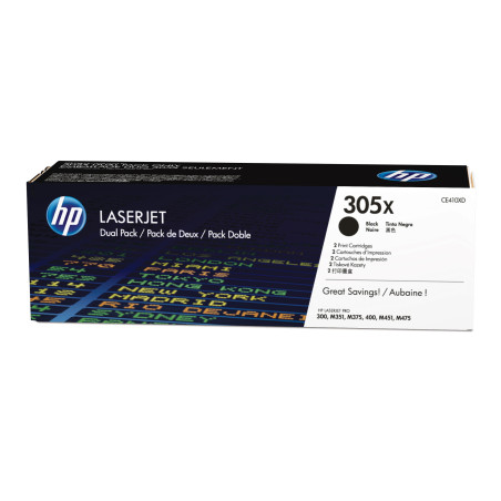 HP CE410XD Pack de ahorro de 2 cartuchos de tóner original LaserJet 305X de alta capacidad negro, 8000 páginas, Negro, 2