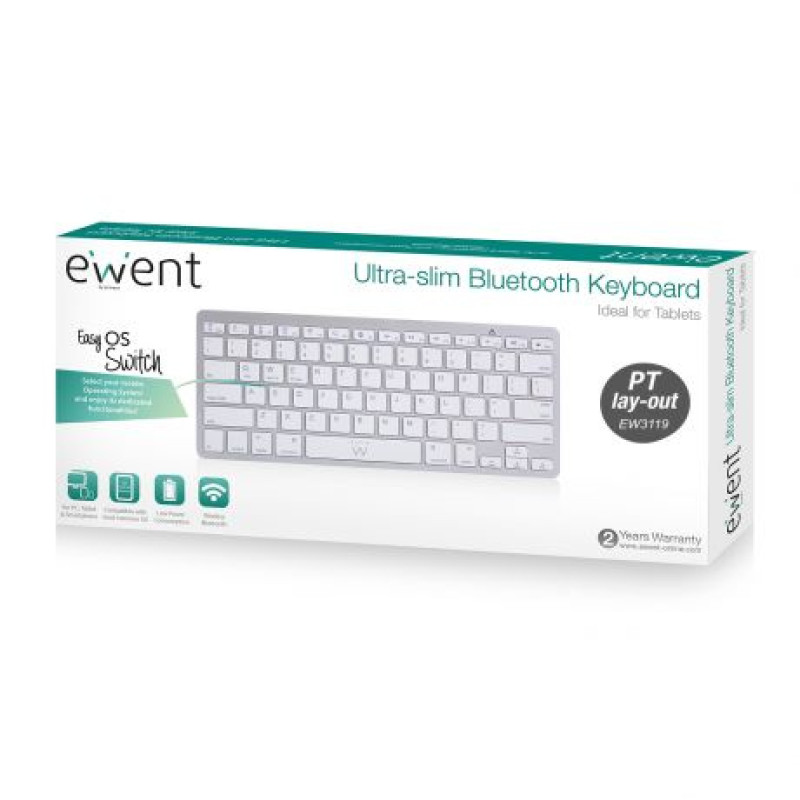 Ewent EW3119 EW3119, Mini, Inalámbrico, Bluetooth, QWERTY, Plata, Blanco