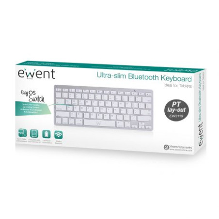 Ewent EW3119 EW3119, Mini, Inalámbrico, Bluetooth, QWERTY, Plata, Blanco