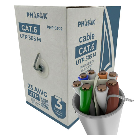 Phasak PHR 6302 Bobina de Cable de Red Cat.6 UTP Sólido AWG23 CCA 305M - PHR 6302, 305 m, Cat6, U/UTP (UTP), Gris