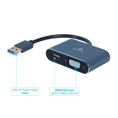 Gembird A-USB3-HDMIVGA-01 A-USB3-HDMIVGA-01, USB tipo A, Salida HDMI, Salida DisplayPort, 3840 x 2160 Pixeles