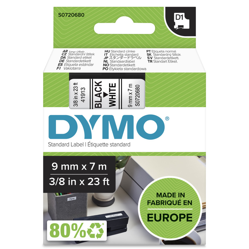 DYMO S0720680 D1 etiquetas auténticas | rollo de 9 mm x 7 m | impresión negra sobre fondo blanco | autoadhesivas | para