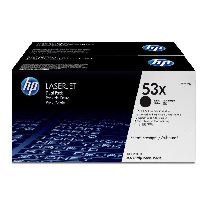 HP Q7553XD Pack de ahorro de 2 cartuchos de tóner original LaserJet 53X de alta capacidad negro, 14000 páginas, Negro, 2