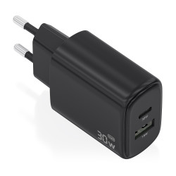 AISENS A110-0978 Cargador GaN 30W, 1xUSB-C PD3.0 QC4.0, 1xUSB-A QC3.0, Negro, Interior, Corriente alterna, 20 V, Negro