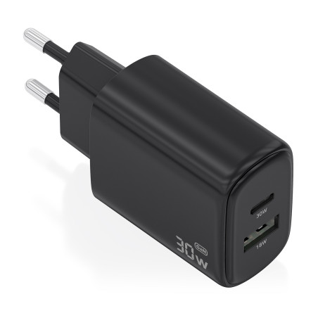 AISENS A110-0978 Cargador GaN 30W, 1xUSB-C PD3.0 QC4.0, 1xUSB-A QC3.0, Negro, Interior, Corriente alterna, 20 V, Negro