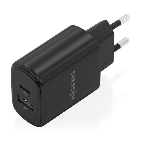 AISENS A110-0978 Cargador GaN 30W, 1xUSB-C PD3.0 QC4.0, 1xUSB-A QC3.0, Negro, Interior, Corriente alterna, 20 V, Negro
