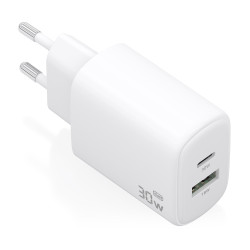 AISENS A110-0977 Cargador GaN 30W, 1xUSB-C PD3.0 QC4.0, 1xUSB-A QC3.0, Blanco, Interior, Corriente alterna, 20 V, Blanco