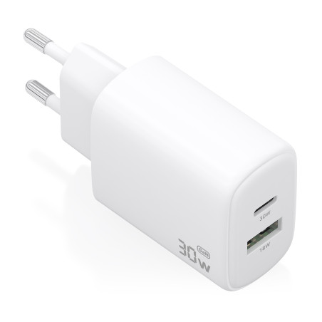 AISENS A110-0977 Cargador GaN 30W, 1xUSB-C PD3.0 QC4.0, 1xUSB-A QC3.0, Blanco, Interior, Corriente alterna, 20 V, Blanco