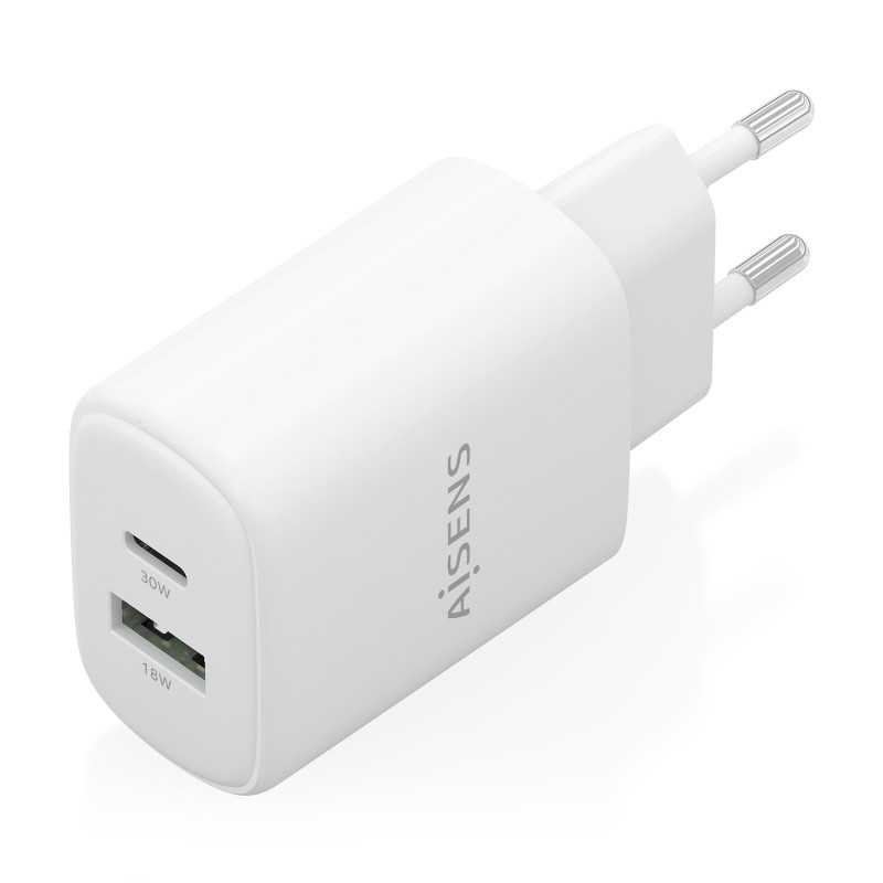 AISENS A110-0977 Cargador GaN 30W, 1xUSB-C PD3.0 QC4.0, 1xUSB-A QC3.0, Blanco, Interior, Corriente alterna, 20 V, Blanco
